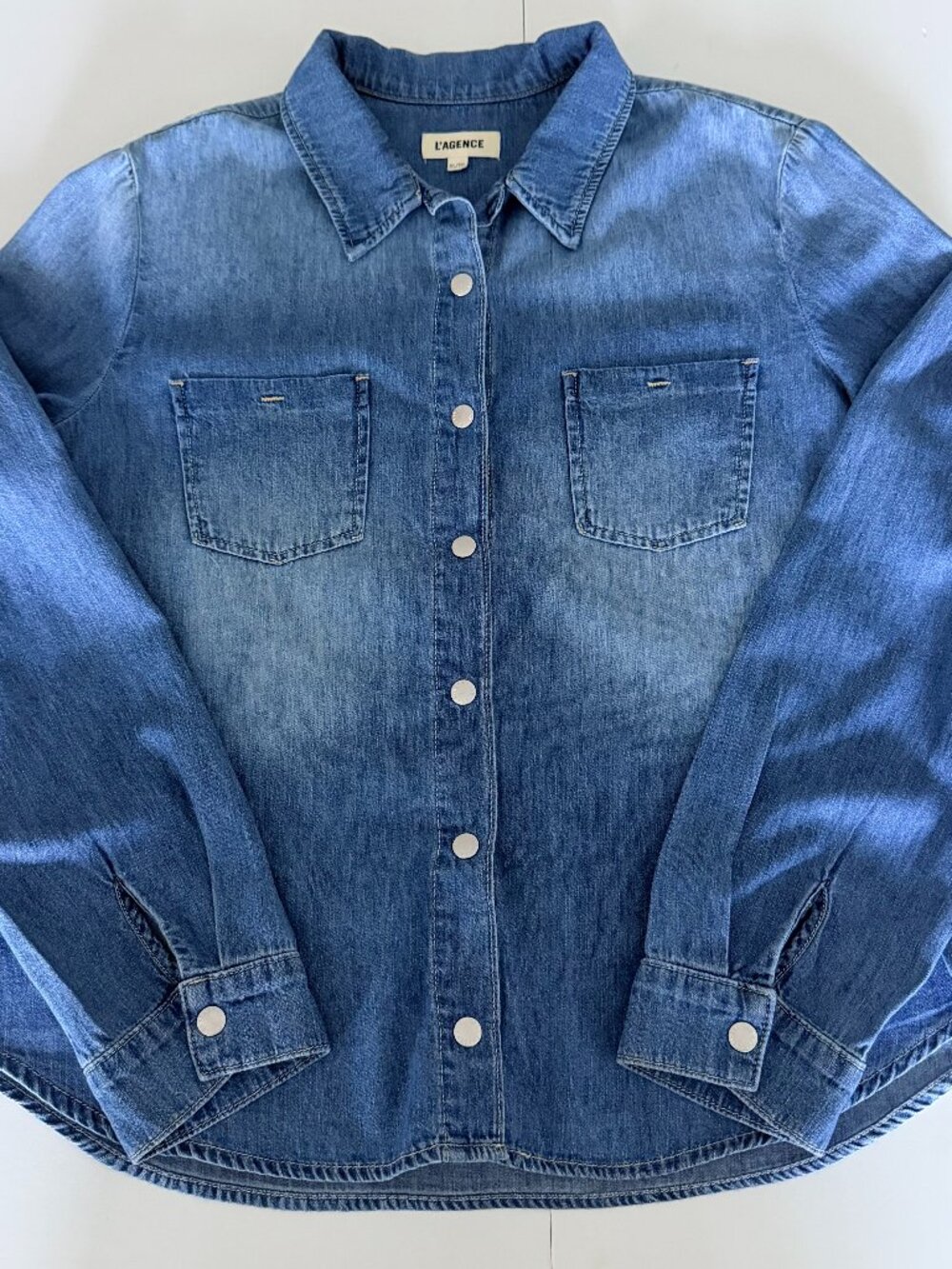 L'Agence Isla Denim Snap Front Shirt in Anvil Blue Sz XL Lightweight Classic
